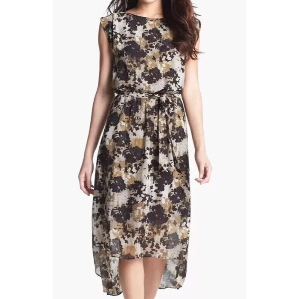 Vince Camuto Earth Print Brown Hi Lo Chiffon Cap Sleeves Lined Maxi Dress Sz M